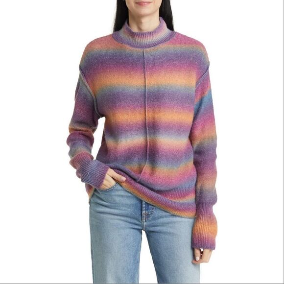 BeachLunchLounge Ombre Rainbow Mock Neck Sweater Large Space Dye Stripe - Picture 1 of 15